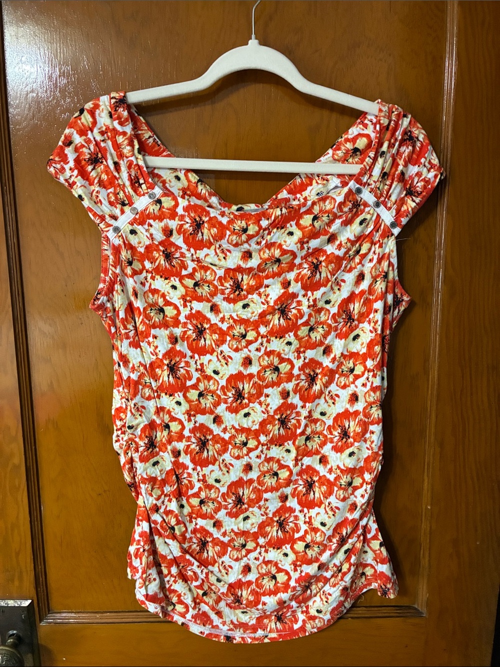#3 - White House Black Market Reddish Orange and Cream Floral Top